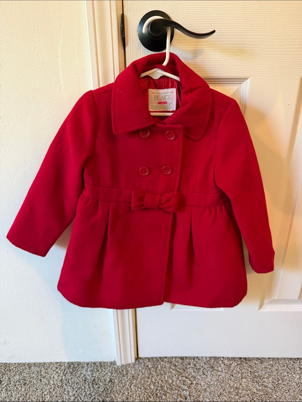 The Children's Place Bright Red Double-Breasted Girls' Peacoat with Bow
